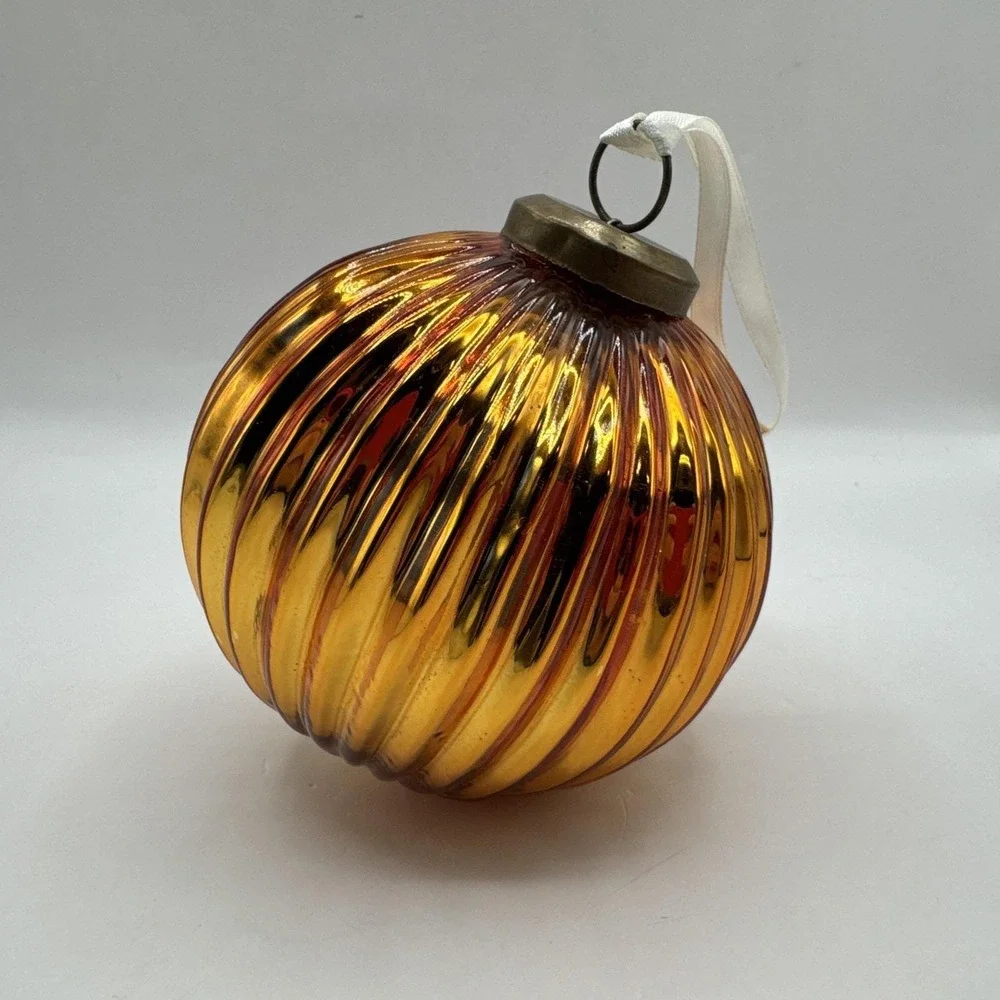 Vintage Kugel Glass Ornament Gold Ribbed Pumpkin Shape Mercury Glass